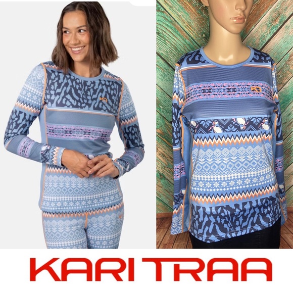 Kari Traa Tops - Kari Traa Lilja Puffin Pattern Warm Long Sleeve Shirt Pastel Light Blue